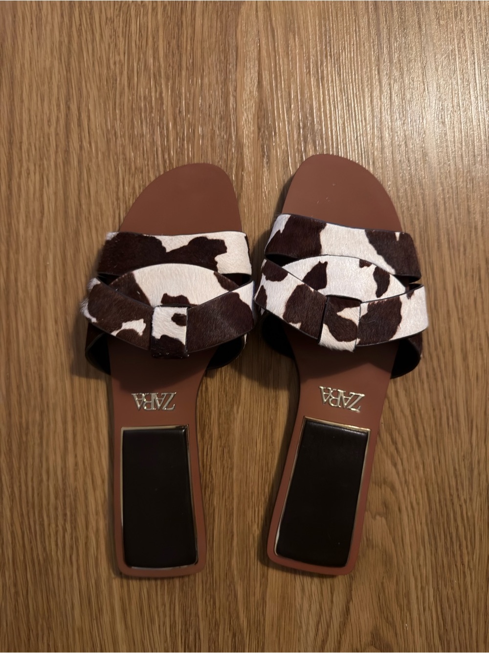 Zara Brown and White Cow-Print Slide Mules
